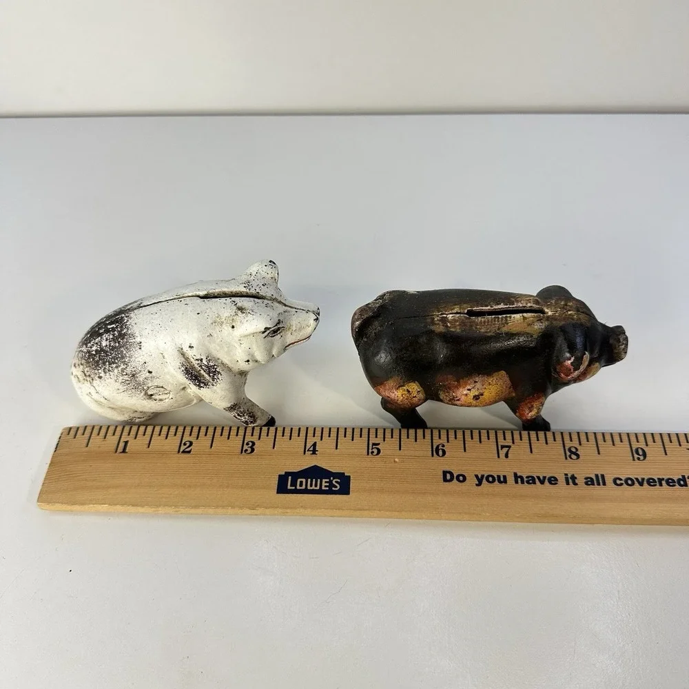 Vintage Cast Iron Pig Bank Doorstops x2 White and Black 4